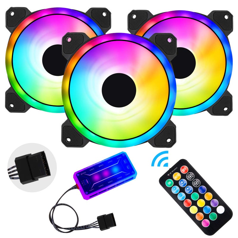 AURTEC 3 Pack RGB Case Fans, 120mm Ultra-Quiet RGB Chassis Cooling Fans, Equiped with Remote Control Hub, 5V ARGB Sync, Speed Adjustable Colorful Cooler, High-Performance Chassis Computer Fan for PC Case - Image 1
